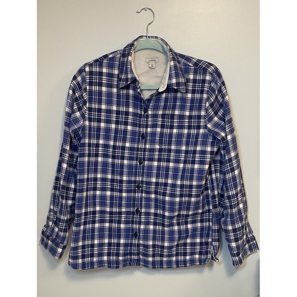 LL Bean Woman Shirt XS Blue Flannel Sherpa‎ Fleece Lined Shacket Hiking Cabin